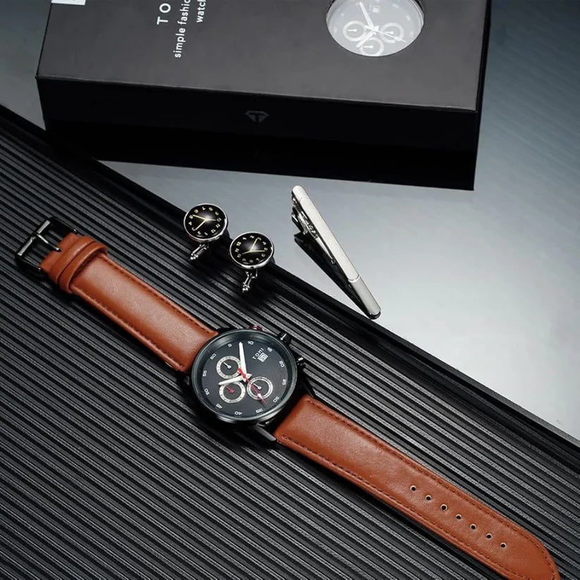 TOMI T-601 S6 Series Chronograph Business Watch With Cufflinks & Tie Pin For Men